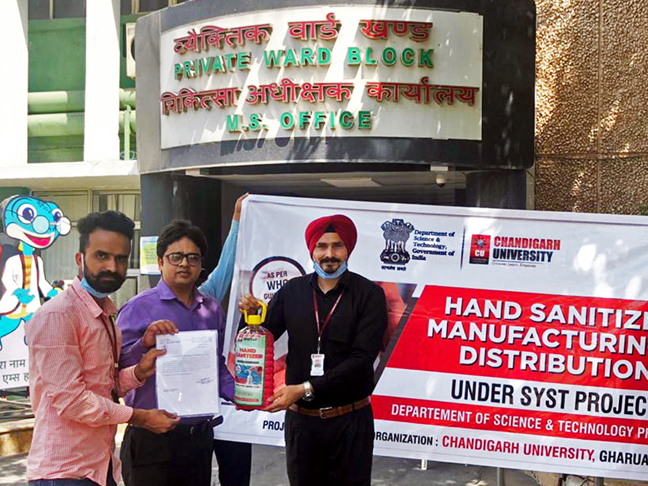 Chandigarh University delivers indigenously produced 500 ltr hand sanitizer to AIIMS